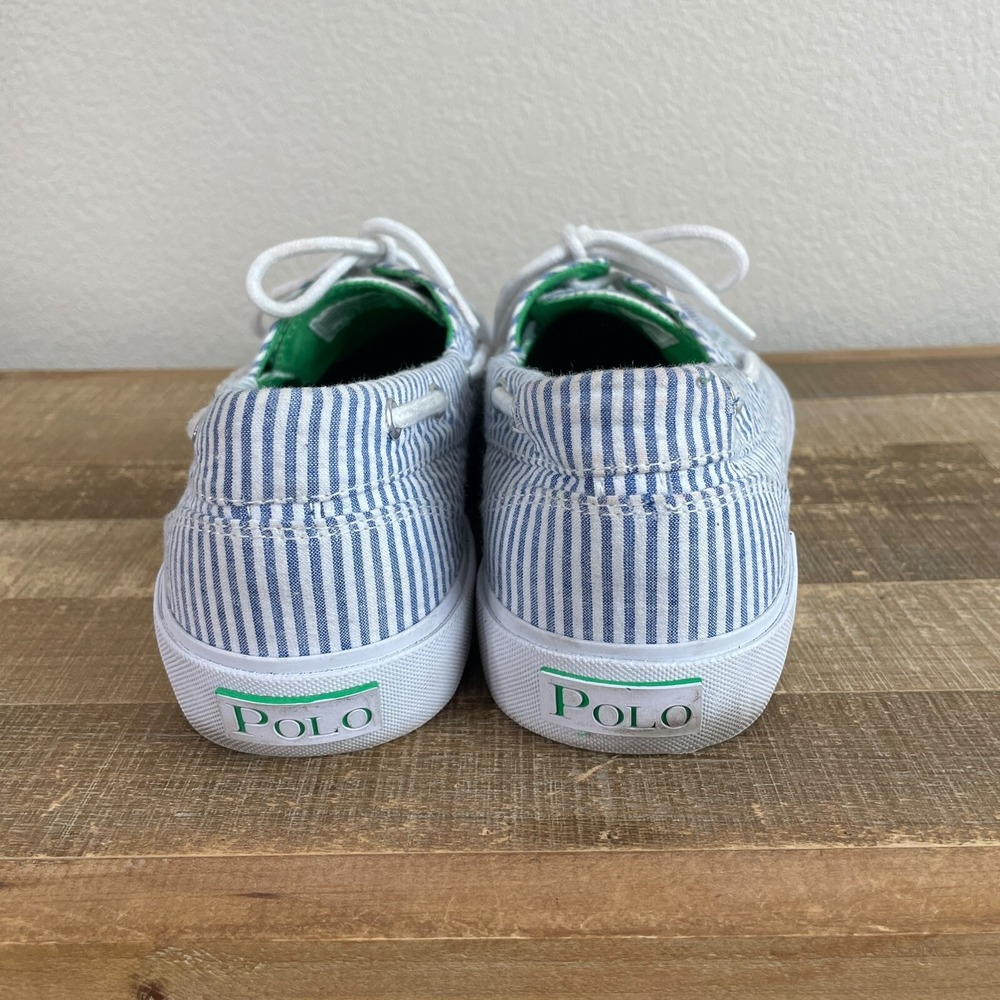 Polo by Ralph Lauren Blue & White Striped Canvas Boat Shoes - Picture 6 of 9